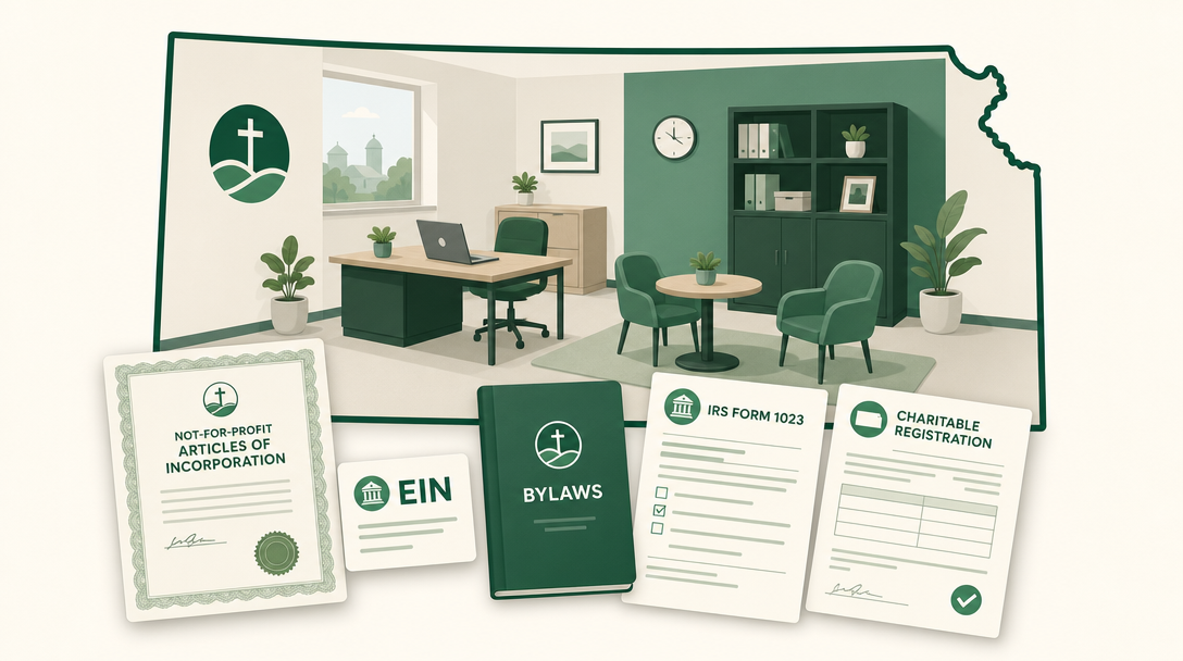 A new Kansas nonprofit inside the outline of the state, surrounded by its founding paperwork — Not-For-Profit Articles of Incorporation, an EIN, IRS Form 1023, and the Attorney General charitable registration.