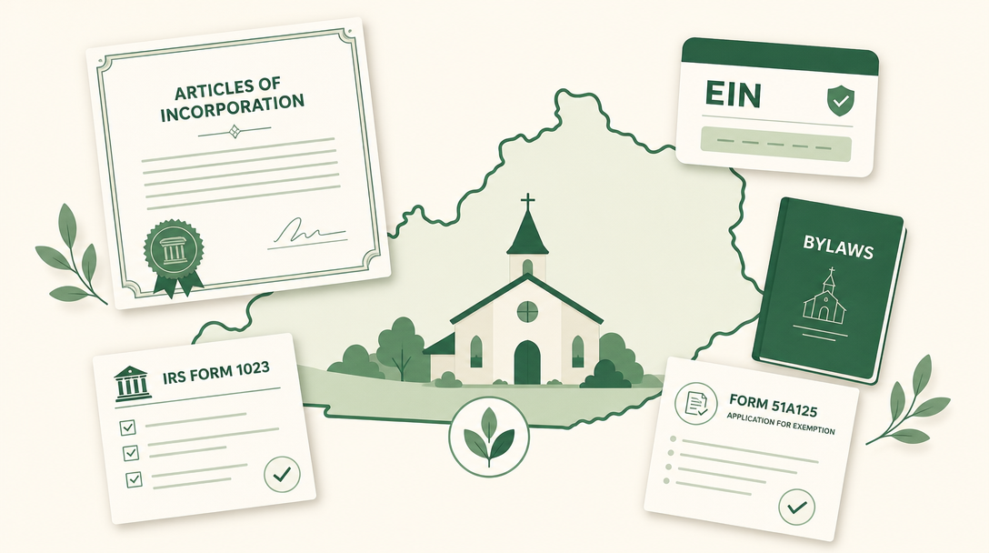 A new Kentucky nonprofit inside the outline of the state, surrounded by its founding paperwork — Articles of Incorporation, an EIN, the IRS Form 1023, the Attorney General charitable registration, and the Department of Revenue purchase exemption application (Form 51A125).