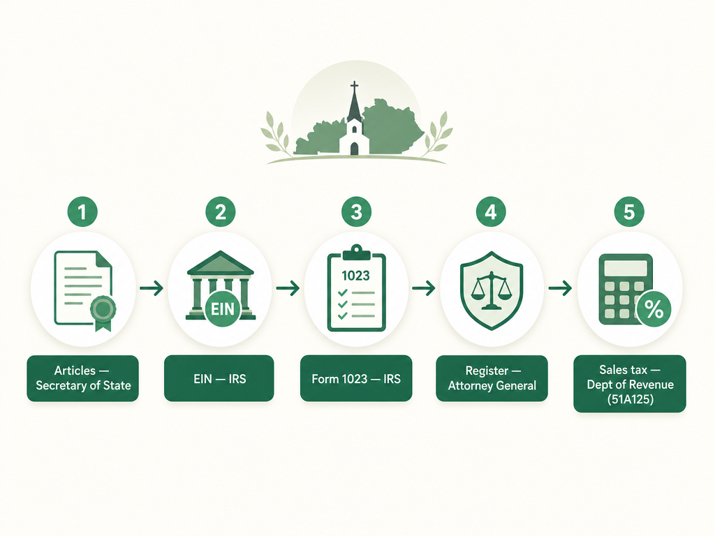 A five-step Kentucky nonprofit formation flow: file Articles of Incorporation with the Secretary of State, get an EIN from the IRS, file Form 1023 with the IRS for 501(c)(3) recognition, register with the Attorney General, and claim the sales tax exemption with Form 51A125 from the Department of Revenue.