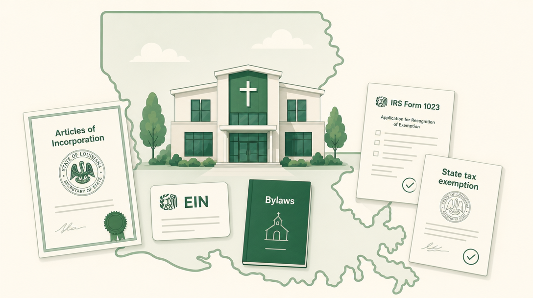 A new Louisiana nonprofit inside the outline of the state, surrounded by its founding paperwork — Articles of Incorporation filed with the Secretary of State, an EIN, bylaws, IRS Form 1023, and the state tax exemption application.
