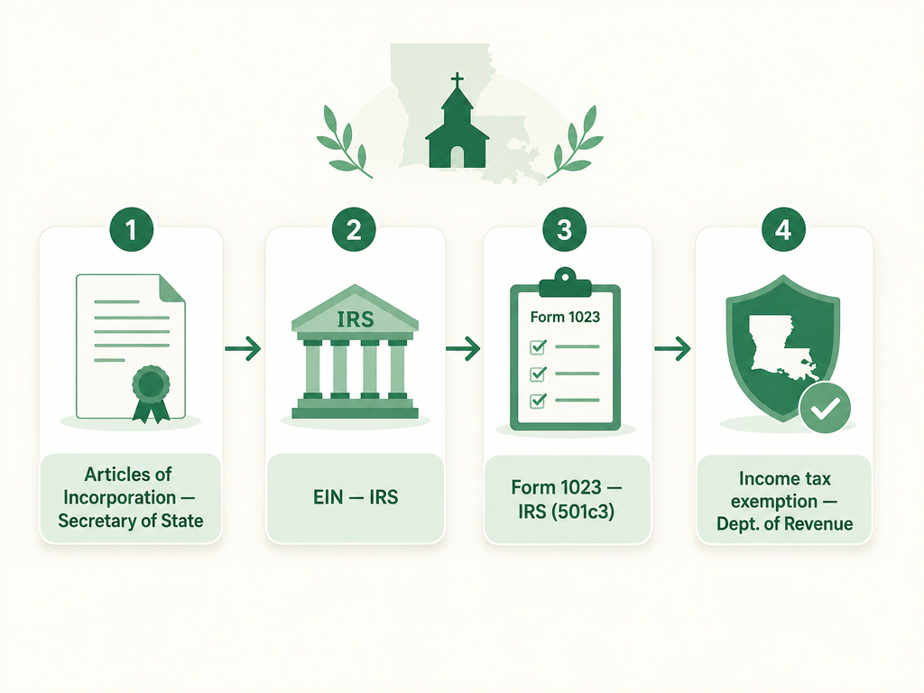 A four-step Louisiana nonprofit formation flow: file Articles of Incorporation with the Secretary of State, get an EIN from the IRS, file IRS Form 1023 for 501(c)(3) recognition, and apply for the corporate income and franchise tax exemption with the Louisiana Department of Revenue.