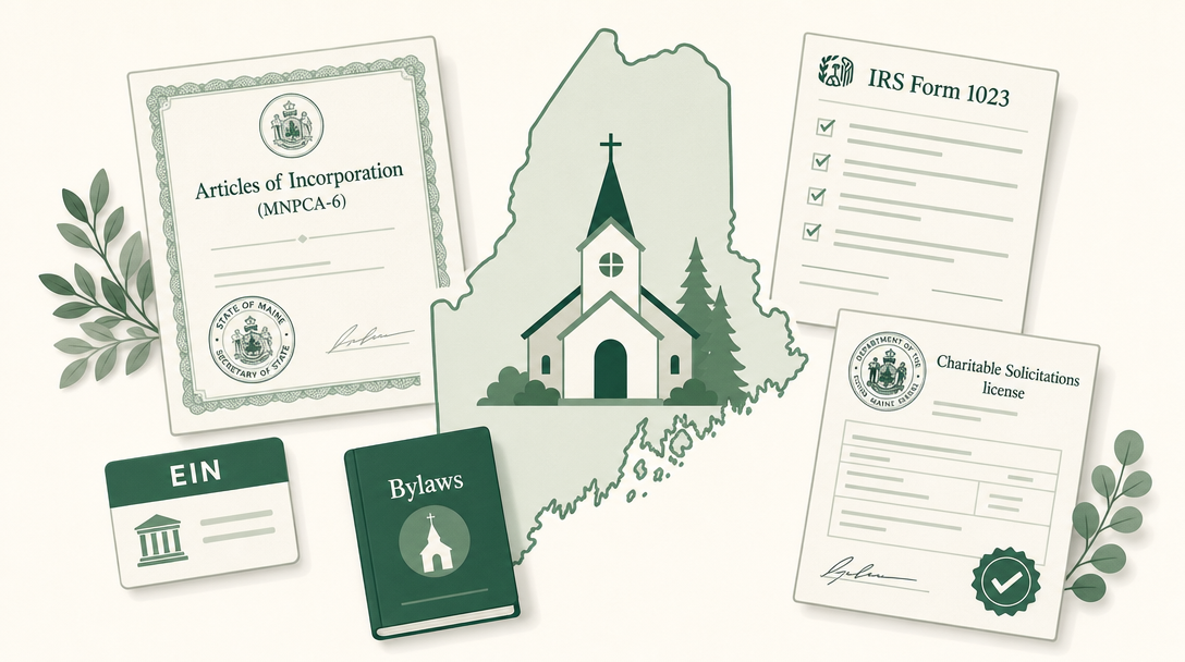 A new Maine nonprofit inside the outline of the state, surrounded by its founding paperwork — Articles of Incorporation (Form MNPCA-6), an EIN, bylaws, IRS Form 1023, and the Maine charitable solicitations license.