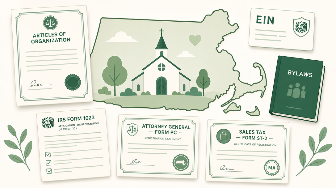 A new Massachusetts nonprofit inside the outline of the state, surrounded by its founding paperwork — Articles of Organization, an EIN, bylaws, IRS Form 1023, the Attorney General registration (Form PC), and the sales tax exemption certificate (Form ST-2).