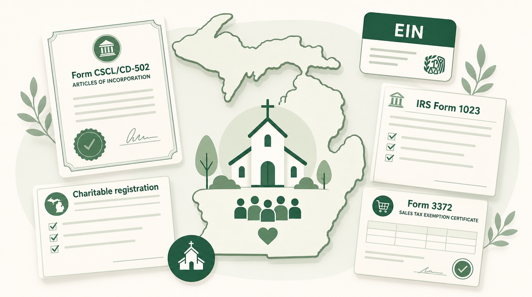 A new Michigan nonprofit inside the outline of the state, surrounded by its founding paperwork — Articles of Incorporation (Form CSCL/CD-502), an EIN, IRS Form 1023, the Attorney General charitable registration, and the Form 3372 sales tax exemption certificate.