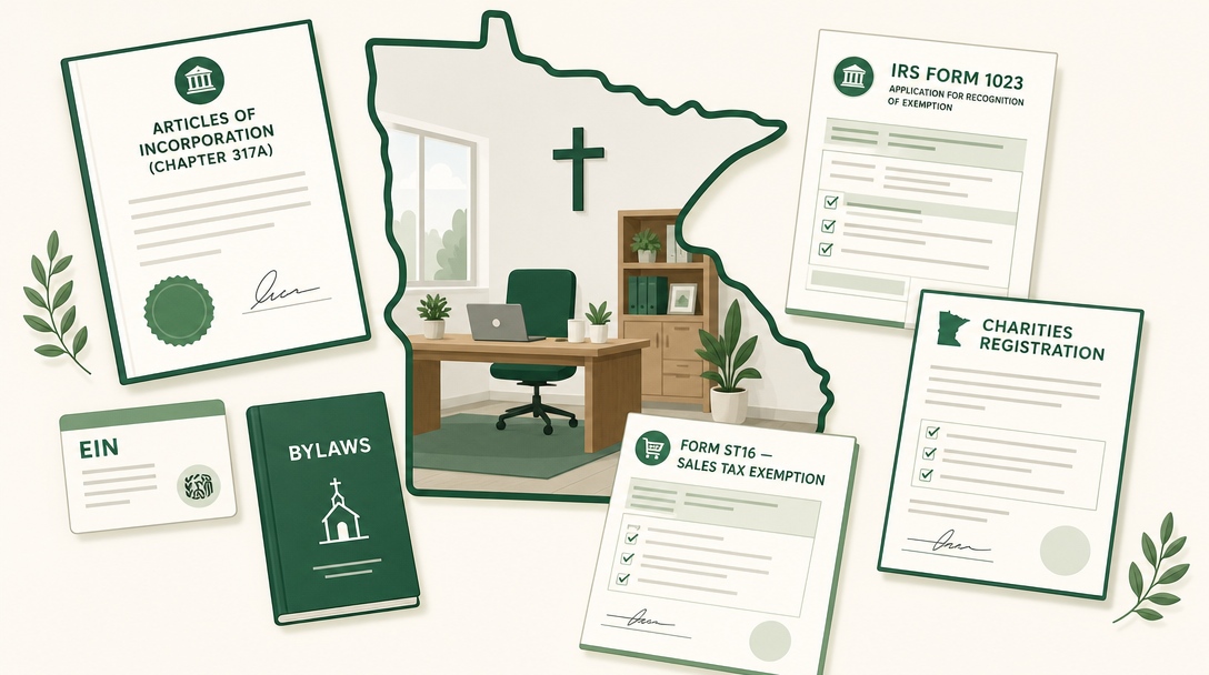 A new Minnesota nonprofit inside the outline of the state, surrounded by its founding paperwork — Articles of Incorporation (Chapter 317A), an EIN, IRS Form 1023, the Attorney General charitable registration, and the Form ST16 sales tax exemption application.