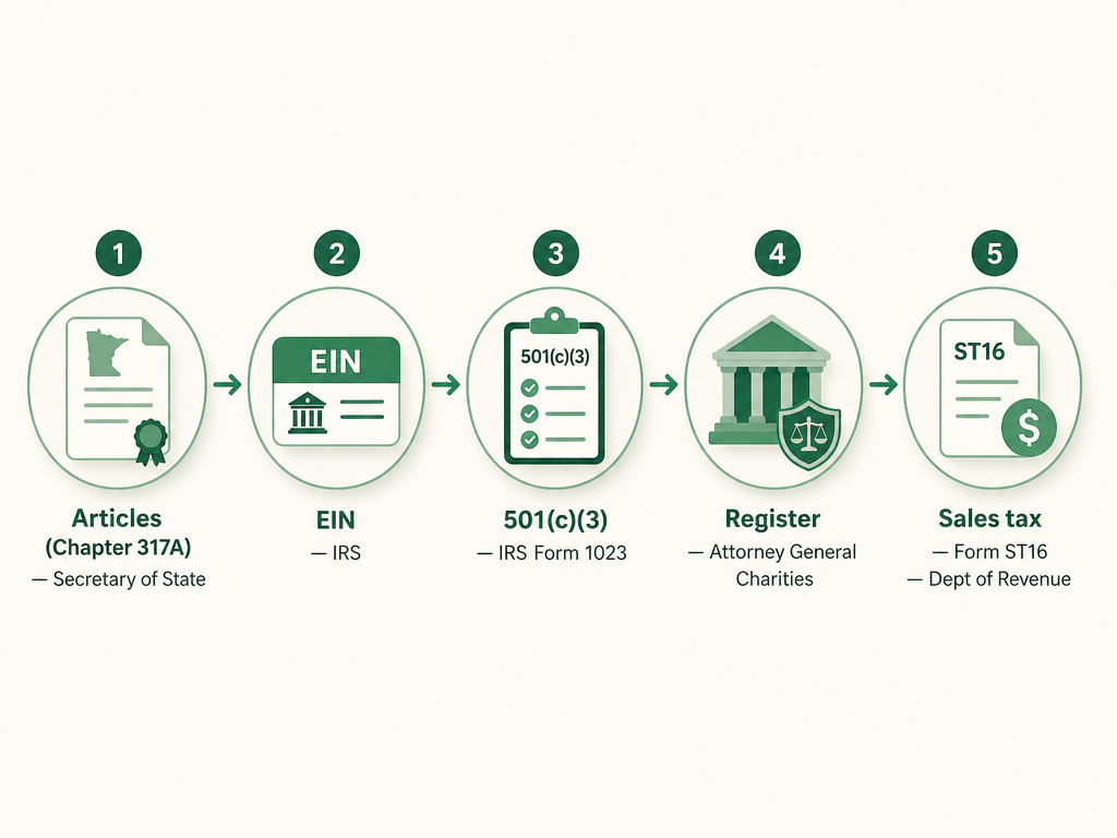 A five-step Minnesota nonprofit formation flow: file Articles of Incorporation (Chapter 317A) with the Secretary of State, get an EIN from the IRS, apply for 501(c)(3) with IRS Form 1023, register with the Attorney General Charities Division, and claim the sales tax exemption from the Department of Revenue with Form ST16.