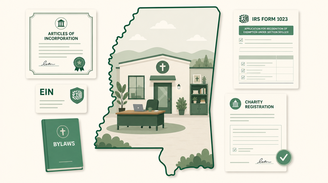 A new Mississippi nonprofit inside the outline of the state, surrounded by its founding paperwork — Articles of Incorporation, an EIN, bylaws, IRS Form 1023, and the charitable registration form.