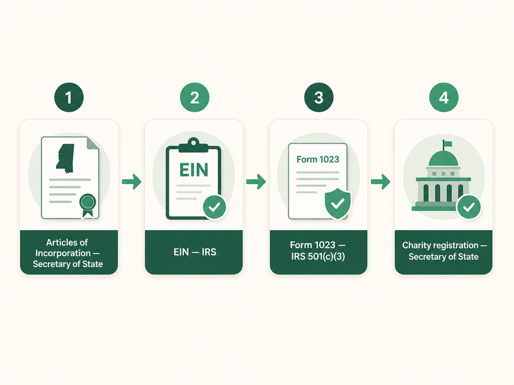 A four-step Mississippi nonprofit formation flow: file Articles of Incorporation with the Secretary of State, get an EIN from the IRS, apply for 501(c)(3) with IRS Form 1023, and register to fundraise with the Secretary of State Charities Division.