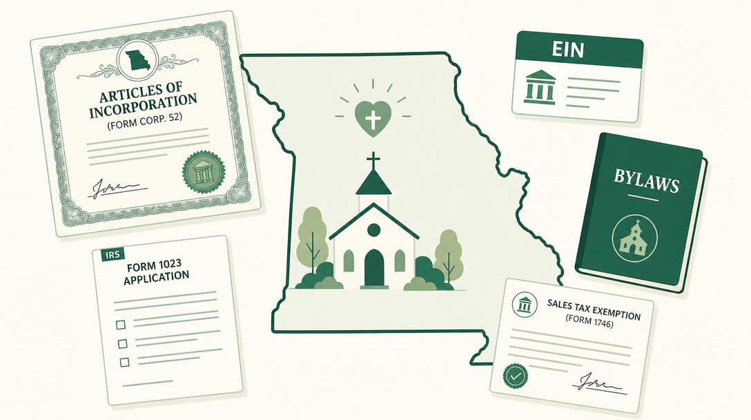 A new Missouri nonprofit inside the outline of the state, surrounded by its founding paperwork — Articles of Incorporation (Form Corp. 52), an EIN, bylaws, IRS Form 1023, and the Missouri Form 1746 sales tax exemption letter.