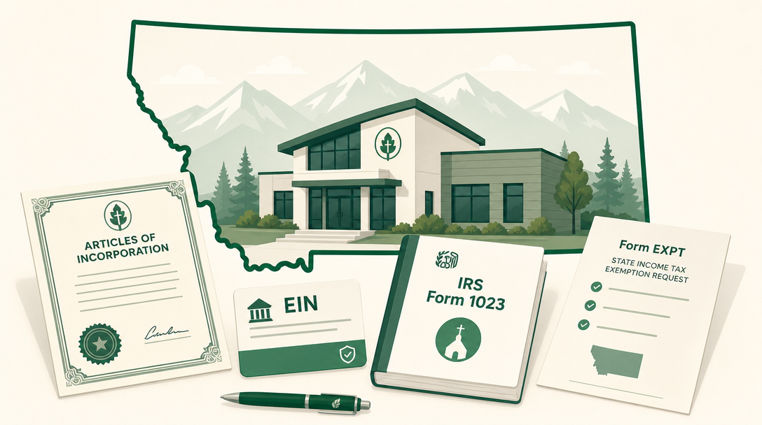 A new Montana nonprofit inside the outline of the state, surrounded by its founding paperwork — Articles of Incorporation, an EIN, IRS Form 1023, and the Montana income-tax exemption request.