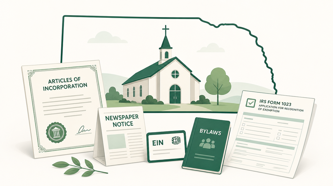 A new Nebraska nonprofit inside the outline of the state, surrounded by its founding paperwork — Articles of Incorporation, a newspaper notice of incorporation, an EIN, IRS Form 1023, and a sales tax exemption application.
