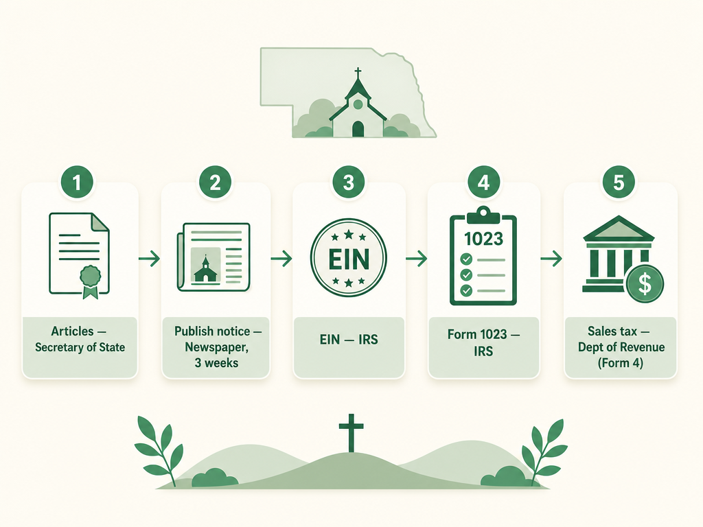 A five-step Nebraska nonprofit formation flow: file Articles of Incorporation with the Secretary of State, publish a notice of incorporation in a legal newspaper for three successive weeks and file proof, get an EIN from the IRS, apply for 501(c)(3) with IRS Form 1023, and apply to the Department of Revenue for any sales tax exemption with Form 4.
