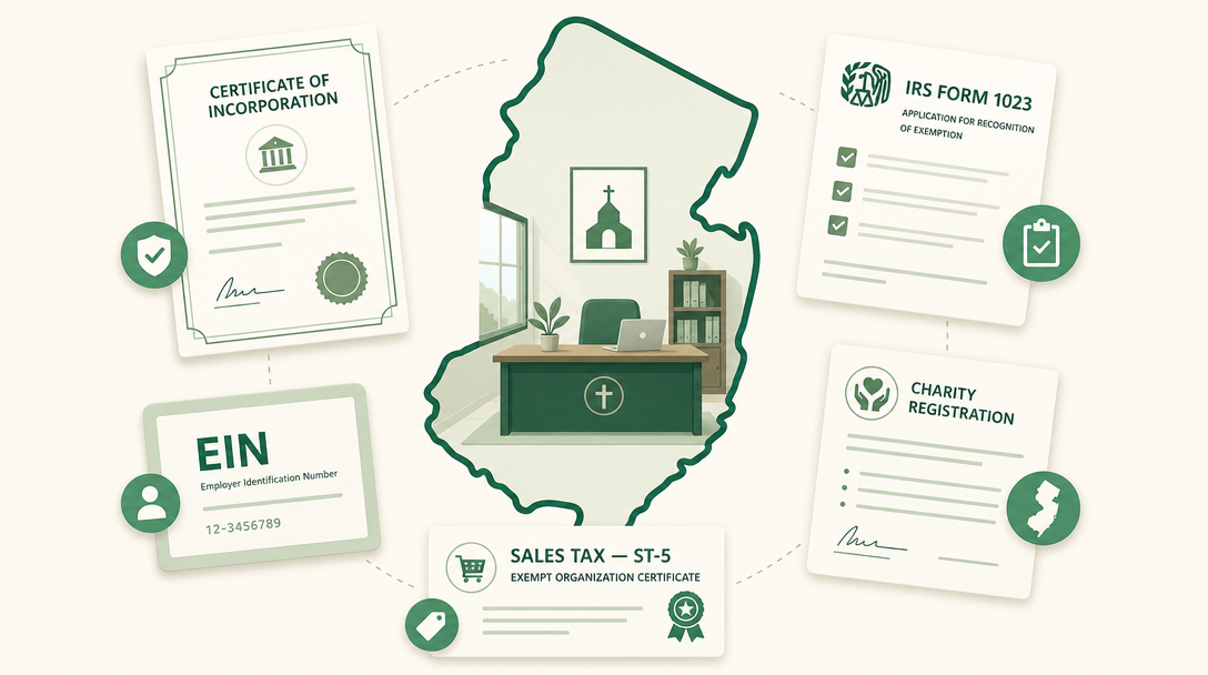 A new New Jersey nonprofit inside the outline of the state, surrounded by its founding paperwork — a Certificate of Incorporation, an EIN, IRS Form 1023, the Consumer Affairs charitable registration, and the REG-1E sales tax exemption application.