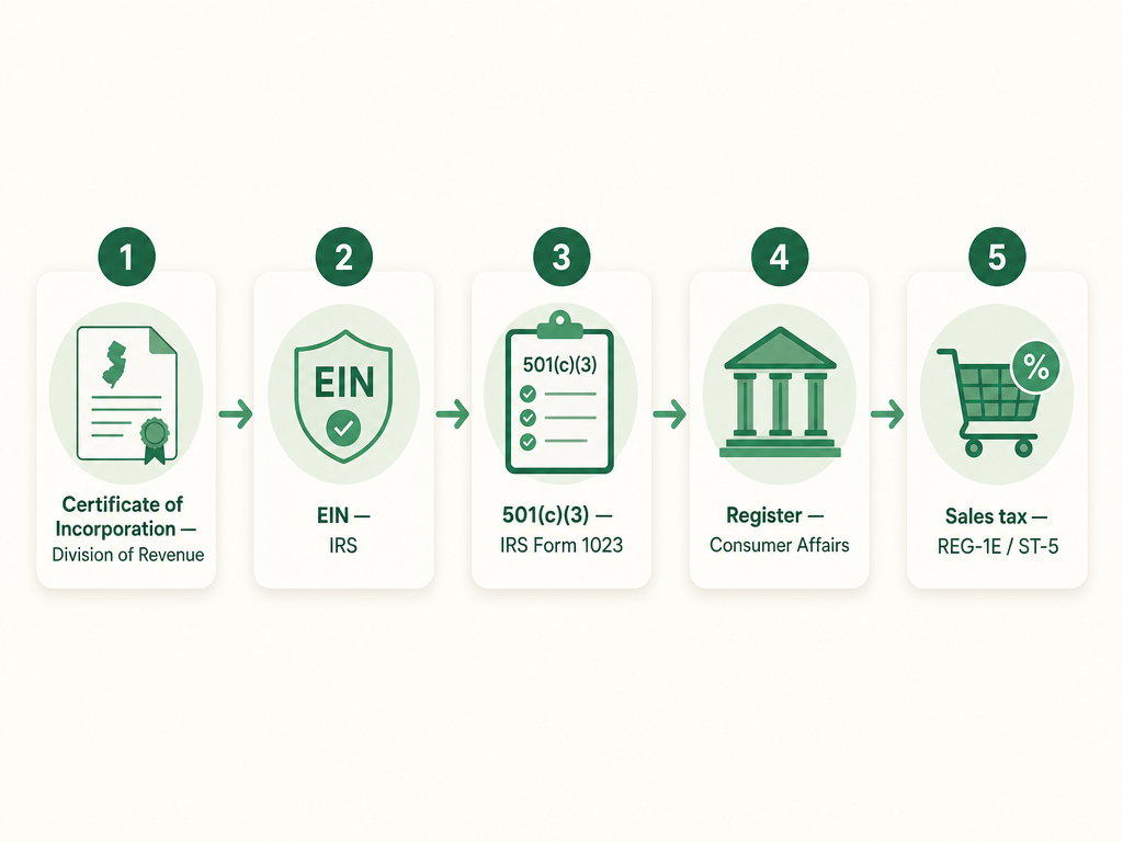 A five-step New Jersey nonprofit formation flow: file the Certificate of Incorporation with the Division of Revenue, get an EIN from the IRS, apply for 501(c)(3) with IRS Form 1023, register with the Division of Consumer Affairs Charities Registration Section, and apply for the sales tax exemption with Form REG-1E to receive the ST-5 certificate.