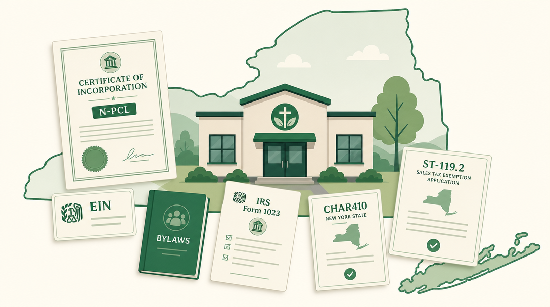 A new New York nonprofit inside the outline of the state, surrounded by its founding paperwork — a Certificate of Incorporation under the N-PCL, an EIN, IRS Form 1023, the Attorney General Charities Bureau registration (CHAR410), and the sales tax exemption application (ST-119.2).