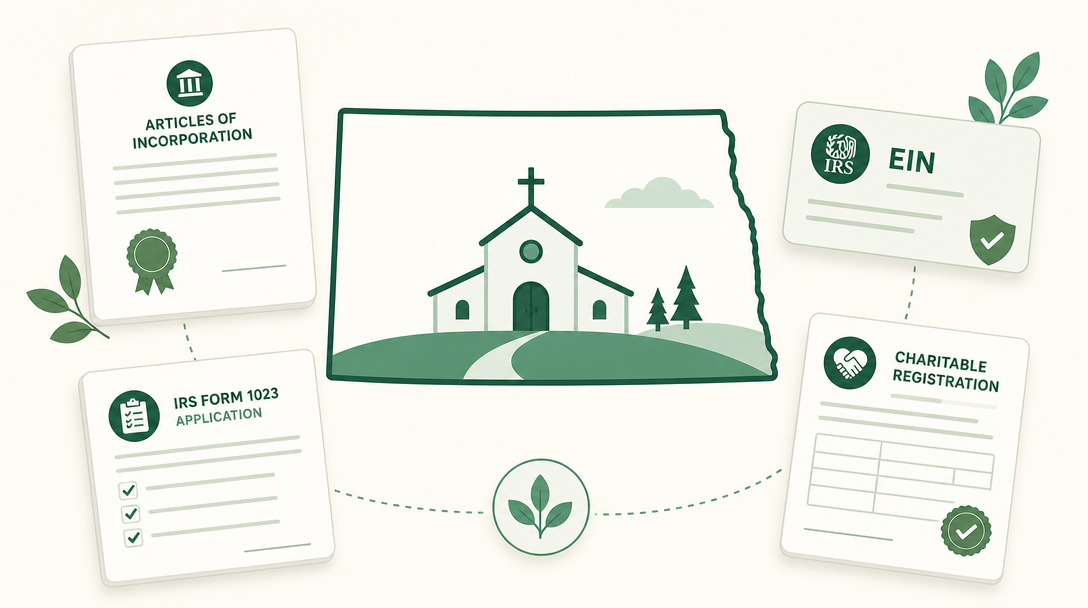 A new North Dakota nonprofit inside the outline of the state, surrounded by its founding paperwork — Articles of Incorporation, an EIN, IRS Form 1023, and the state charitable registration.