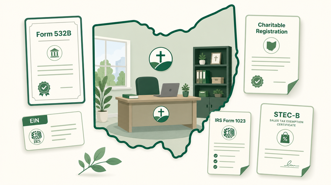 A new Ohio nonprofit inside the outline of the state, surrounded by its founding paperwork — Initial Articles of Incorporation (Form 532B), an EIN, IRS Form 1023, the Attorney General charitable registration, and the STEC-B sales tax exemption certificate.
