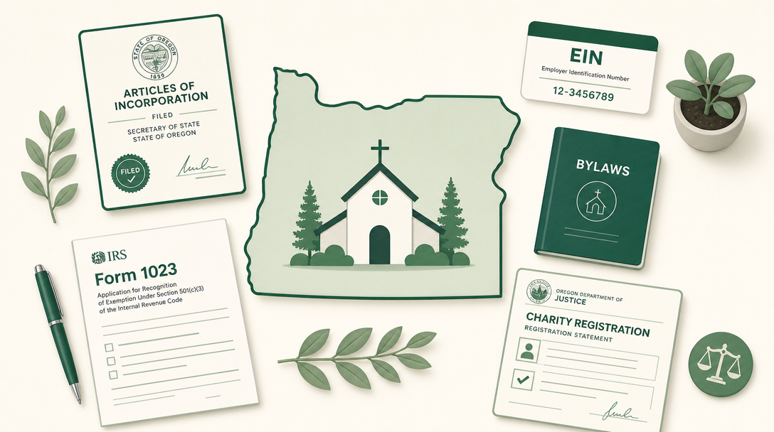 A new Oregon nonprofit inside the outline of the state, surrounded by its founding paperwork — Articles of Incorporation, an EIN, bylaws, IRS Form 1023, and the Oregon Department of Justice charity registration.