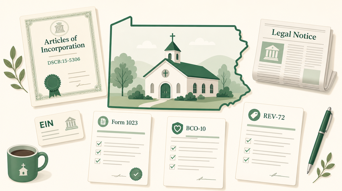 A new Pennsylvania nonprofit inside the outline of the state, surrounded by its founding paperwork — Articles of Incorporation (DSCB:15-5306), a newspaper legal notice, an EIN, IRS Form 1023, the charitable registration (BCO-10), and the sales tax exemption application (REV-72).