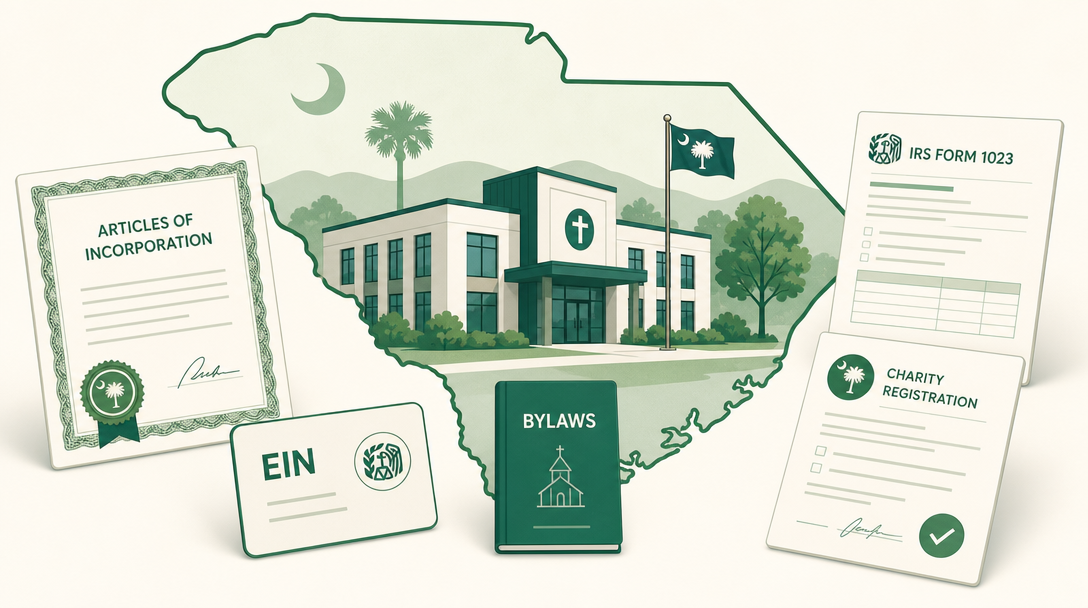 A new South Carolina nonprofit inside the outline of the state, surrounded by its founding paperwork — Articles of Incorporation, an EIN, IRS Form 1023, and the charitable registration filed with the Secretary of State.