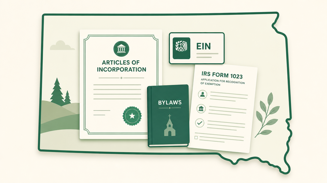 A new South Dakota nonprofit inside the outline of the state, surrounded by its founding paperwork — Articles of Incorporation, an EIN, IRS Form 1023, and bylaws.