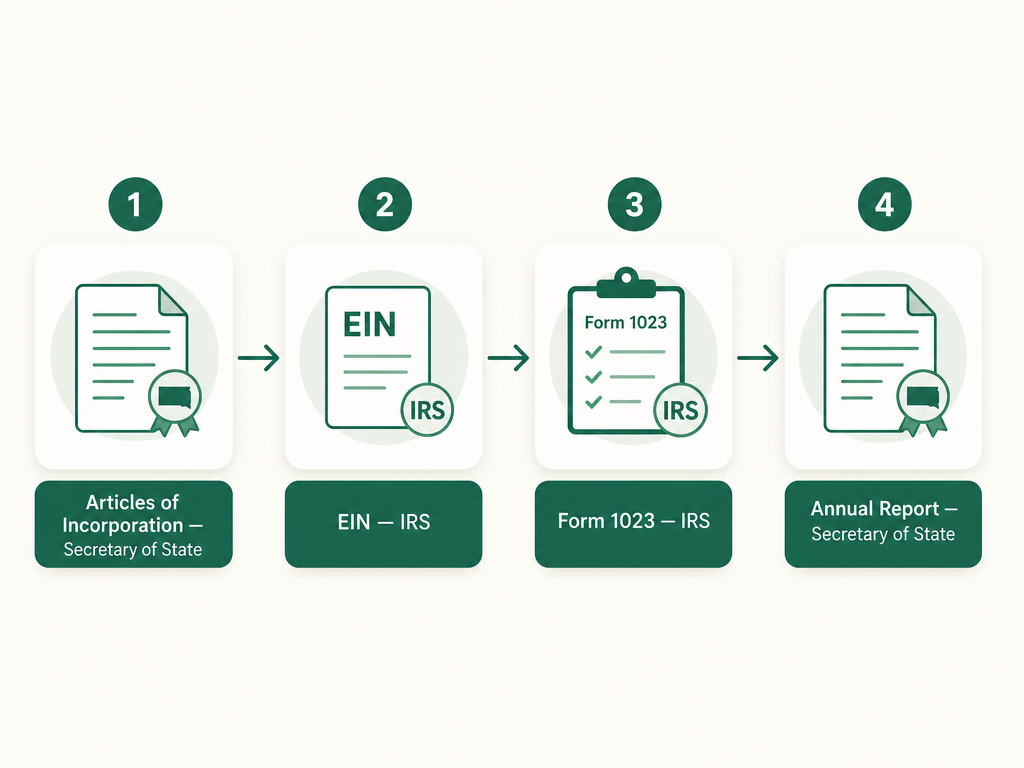 A four-step South Dakota nonprofit formation flow: file Articles of Incorporation with the Secretary of State, get an EIN from the IRS, apply for 501(c)(3) with IRS Form 1023, and file the annual report with the Secretary of State.