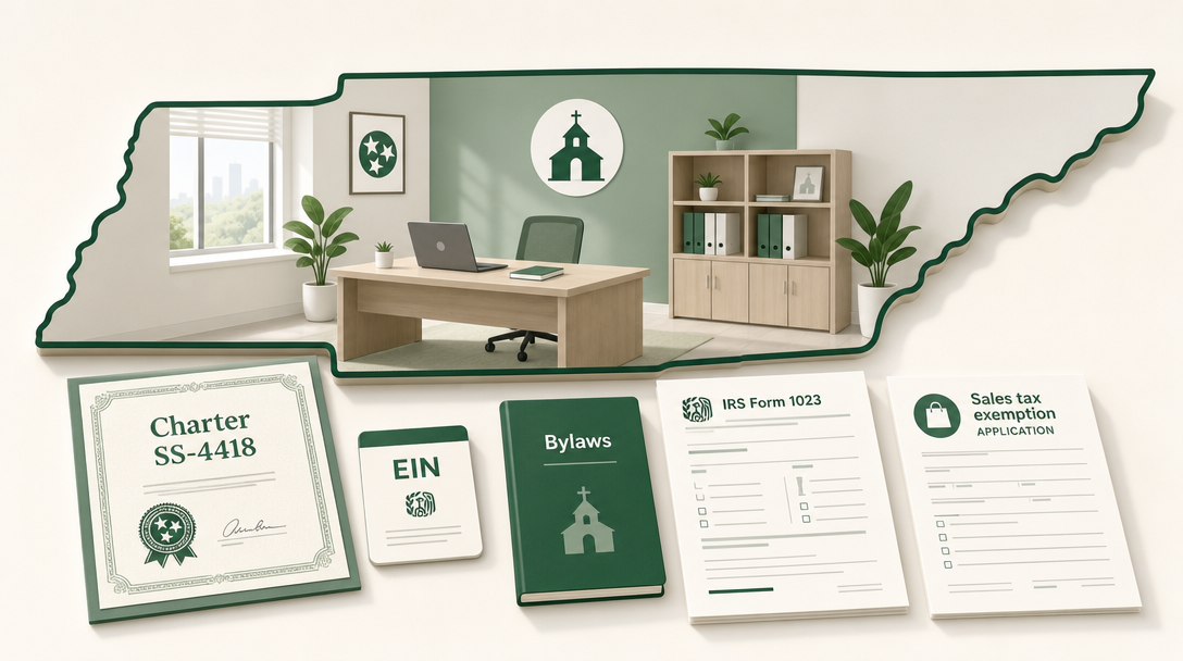 A new Tennessee nonprofit inside the outline of the state, surrounded by its founding paperwork — a Charter (Form SS-4418), an EIN, the IRS Form 1023, the charitable registration (Form SS-6001), and the Department of Revenue sales tax exemption application.