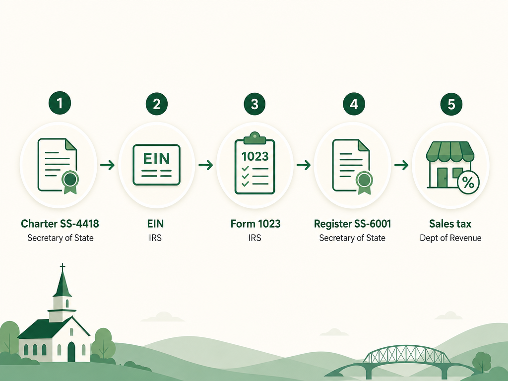 A five-step Tennessee nonprofit formation flow: file the Charter (Form SS-4418) with the Secretary of State, get an EIN from the IRS, file Form 1023 with the IRS for 501(c)(3) recognition, register to fundraise with the Secretary of State using Form SS-6001, and claim the sales tax exemption from the Department of Revenue.