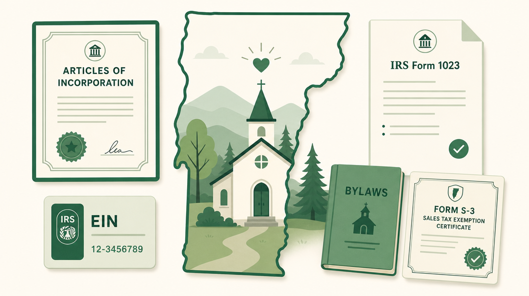 A new Vermont nonprofit inside the outline of the state, surrounded by its founding paperwork — Articles of Incorporation, an EIN, IRS Form 1023, and the Form S-3 Vermont sales tax exemption certificate.