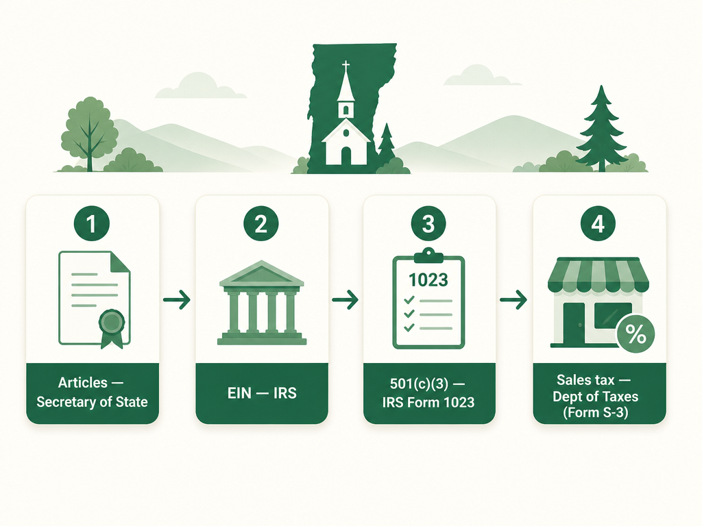 A four-step Vermont nonprofit formation flow: file Articles of Incorporation with the Secretary of State, get an EIN from the IRS, apply for 501(c)(3) with IRS Form 1023, and claim the sales tax exemption from the Department of Taxes using Form S-3.
