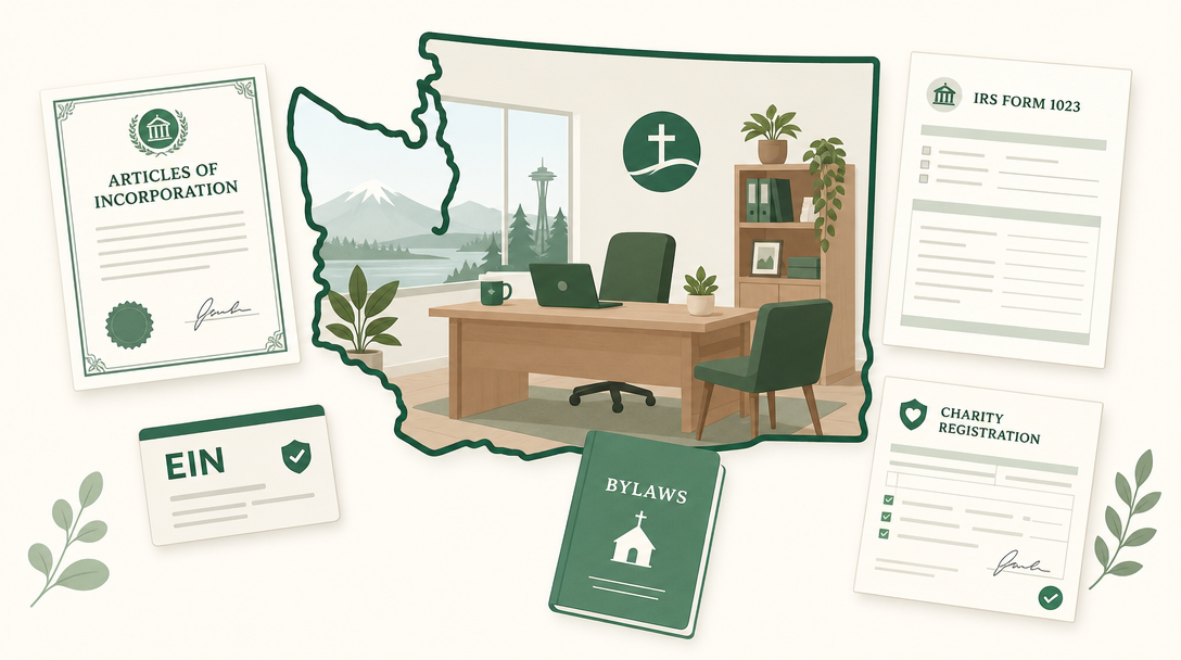 A new Washington nonprofit inside the outline of the state, surrounded by its founding paperwork — Articles of Incorporation (Nonprofit), an EIN, IRS Form 1023, and the Secretary of State charitable registration.