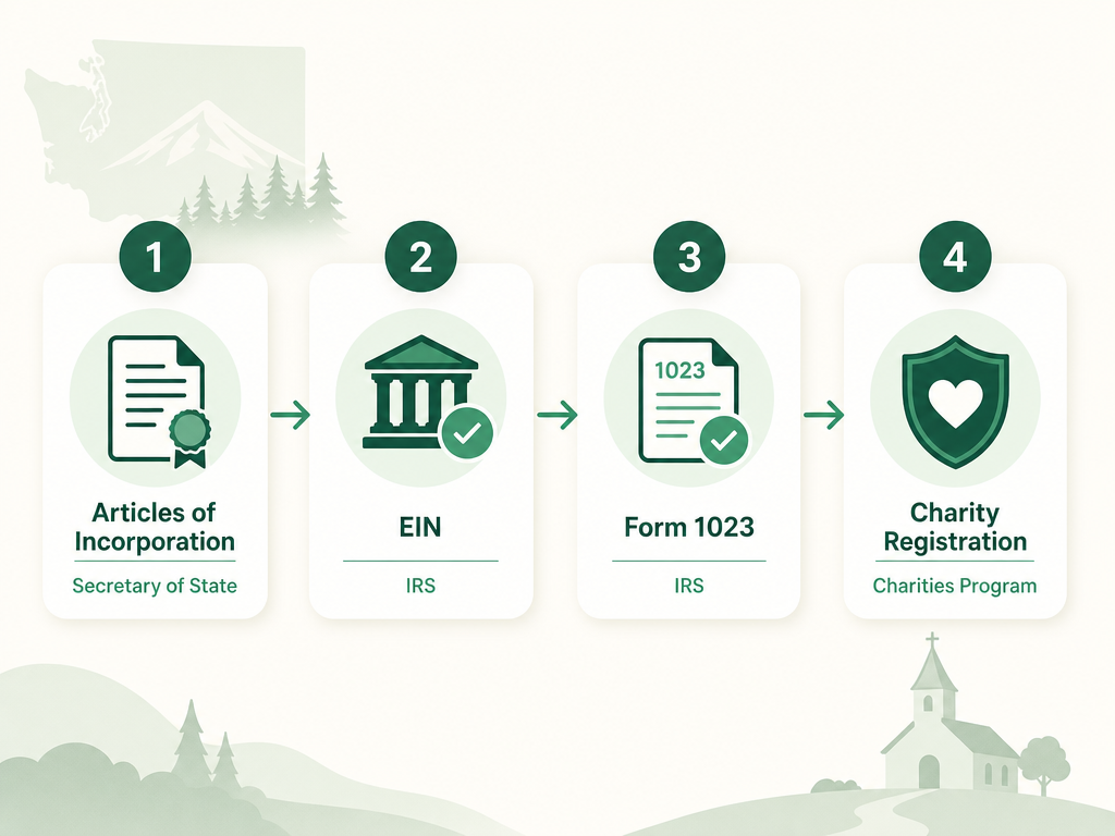 A four-step Washington nonprofit formation flow: file Articles of Incorporation with the Secretary of State, get an EIN from the IRS, apply for 501(c)(3) with IRS Form 1023, and register to fundraise with the Secretary of State Charities Program.
