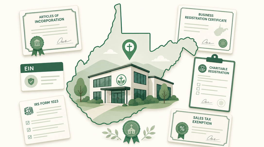 A new West Virginia nonprofit inside the outline of the state, surrounded by its founding paperwork — Articles of Incorporation, a Business Registration Certificate, an EIN, IRS Form 1023, the charitable registration, and the State Tax Department sales tax exemption certificate.