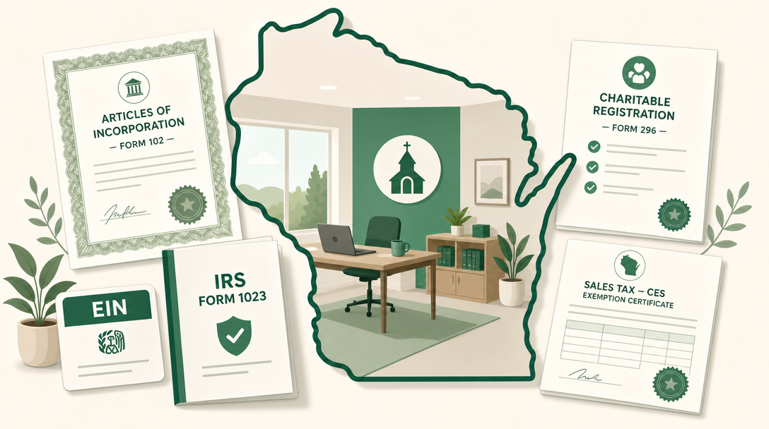 A new Wisconsin nonprofit inside the outline of the state, surrounded by its founding paperwork — Articles of Incorporation (Form 102), an EIN, IRS Form 1023, the charitable registration (Form 296), and the sales tax Certificate of Exempt Status.