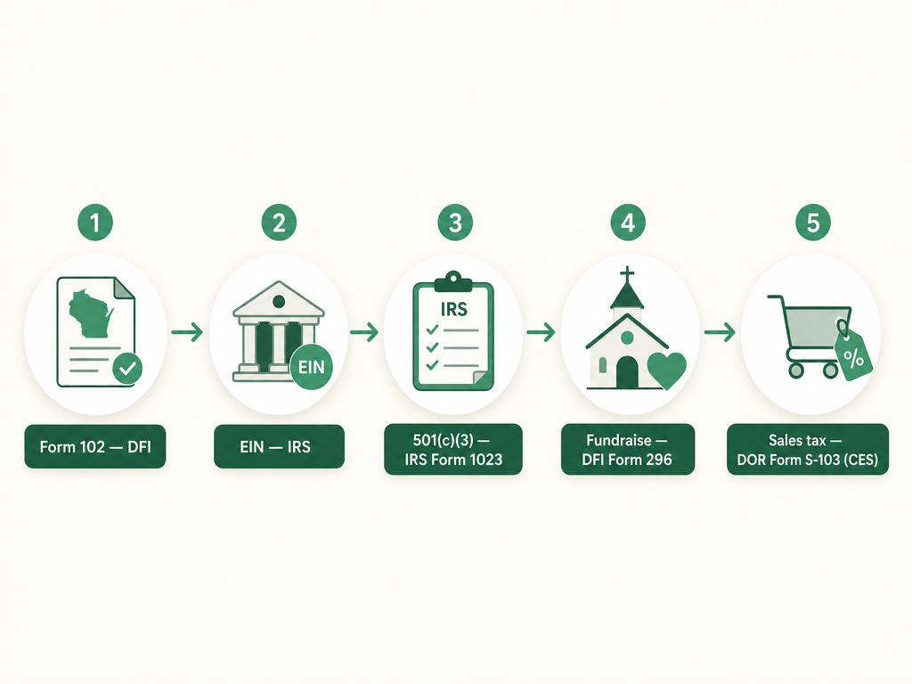 A five-step Wisconsin nonprofit formation flow: file Articles of Incorporation (Form 102) with the Department of Financial Institutions, get an EIN from the IRS, apply for 501(c)(3) with IRS Form 1023, register to fundraise with DFI Form 296, and claim the sales tax exemption from the Department of Revenue with Form S-103.