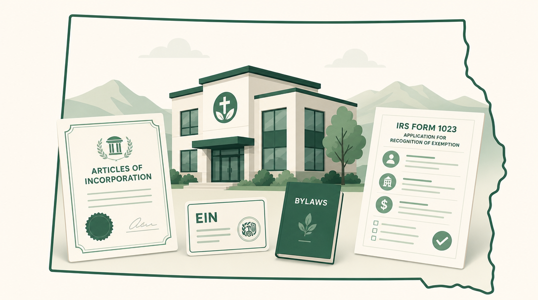 A new Wyoming nonprofit inside the outline of the state, surrounded by its founding paperwork — Articles of Incorporation, an EIN, bylaws, and IRS Form 1023 for 501(c)(3) status.