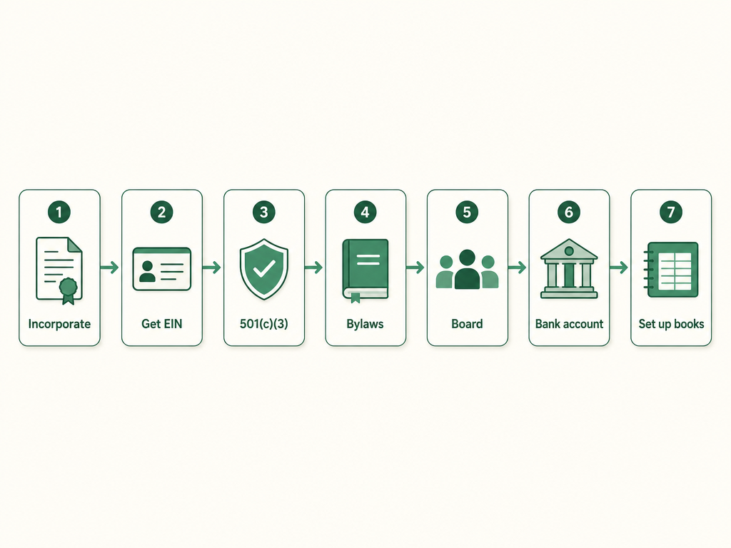 A seven-step nonprofit formation flow: incorporate, get an EIN, apply for 501(c)(3), adopt bylaws, form a board, open a bank account, then set up the books.