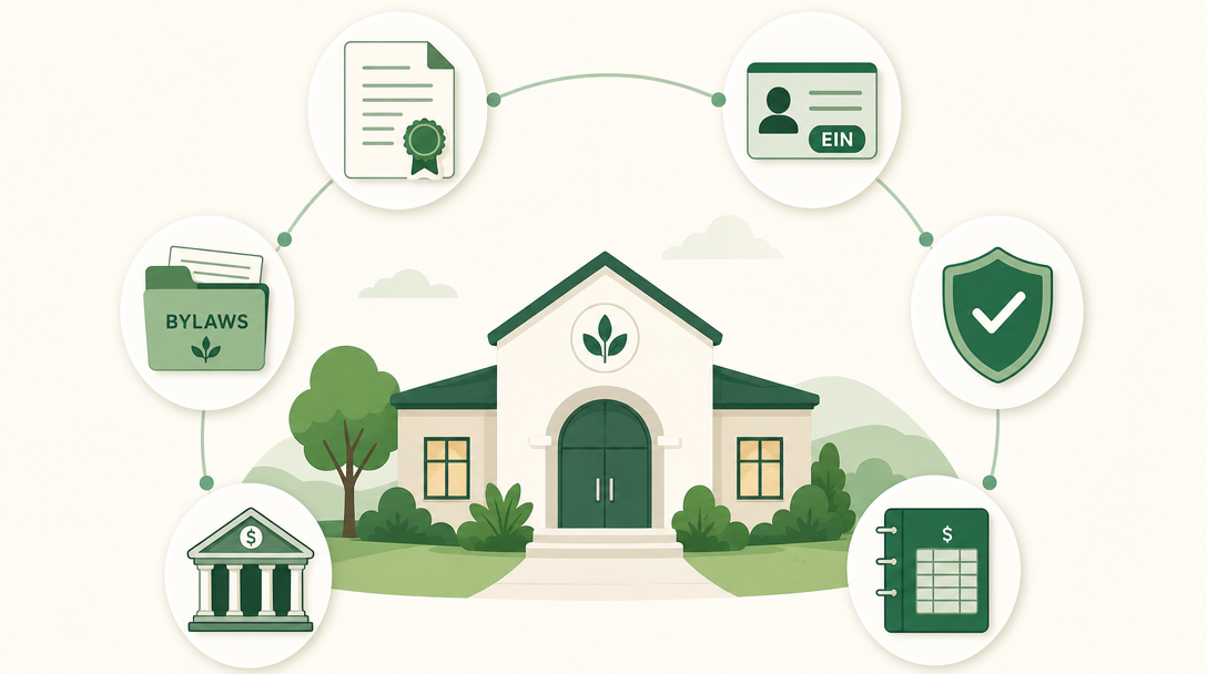 A new nonprofit at the center of its founding paperwork — articles of incorporation, an EIN, 501(c)(3) status, bylaws, a bank, and a ledger arranged around a simple organization building.