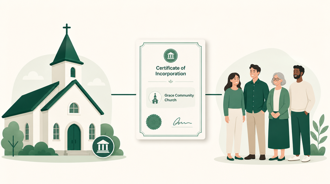 A church building shown as a legal entity — its name on a state-filed certificate of incorporation, set apart from the individual members standing beside it.