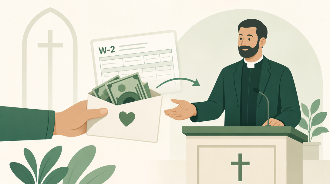 A church love-offering collection handed to a pastor, with a W-2 pay stub emerging behind it to show the gift becomes taxable compensation.