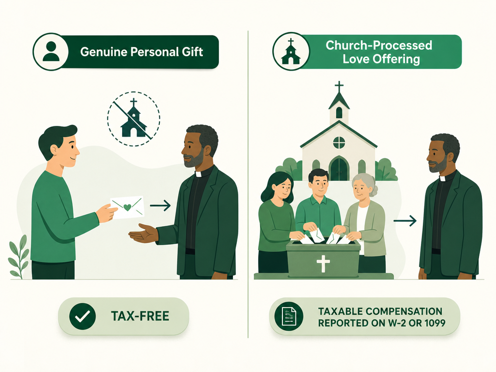 A two-column comparison: a personal gift from one individual to a pastor (may be tax-free) versus a church-collected love offering (taxable compensation reported on a W-2 or 1099).