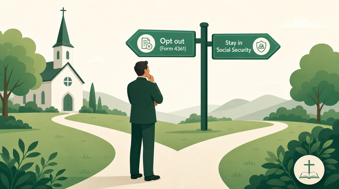 A minister at a fork in the road deciding whether to opt out of Social Security or stay in.
