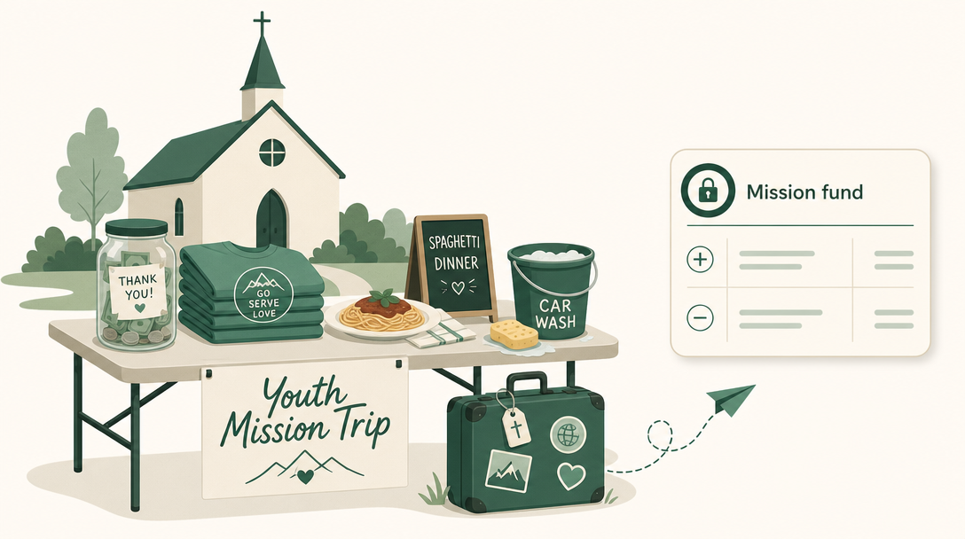 A church youth group's mission-trip fundraiser — a donation jar, team t-shirts, a dinner plate, and a car-wash bucket beside a church and a suitcase, with a labeled 'Mission fund' ledger card nearby.