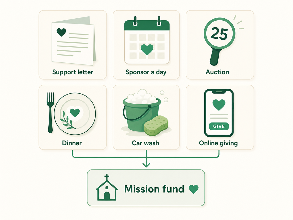 Six mission-trip fundraising ideas — support letters, sponsor-a-day, service auction, dinner, car wash, and an online giving page — all flowing down into one shared mission fund.