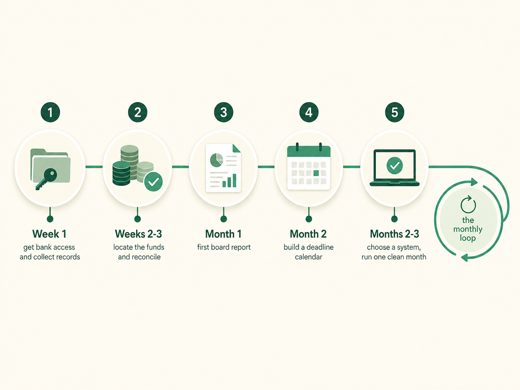 A 90-day timeline for a new church treasurer: week one get access and collect records, weeks two and three locate the funds and reconcile, month one give a first board report, months two and three build a deadline calendar and choose a system.