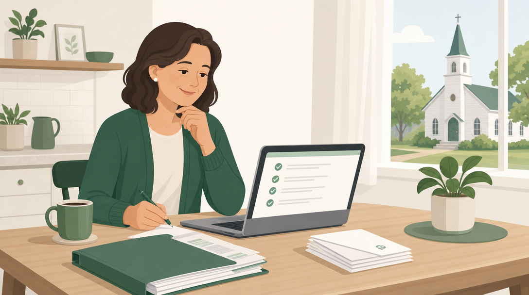 A newly appointed church treasurer at a kitchen table with a laptop, a folder of bank statements, and a mug of coffee, looking calmly at a first-90-days checklist.