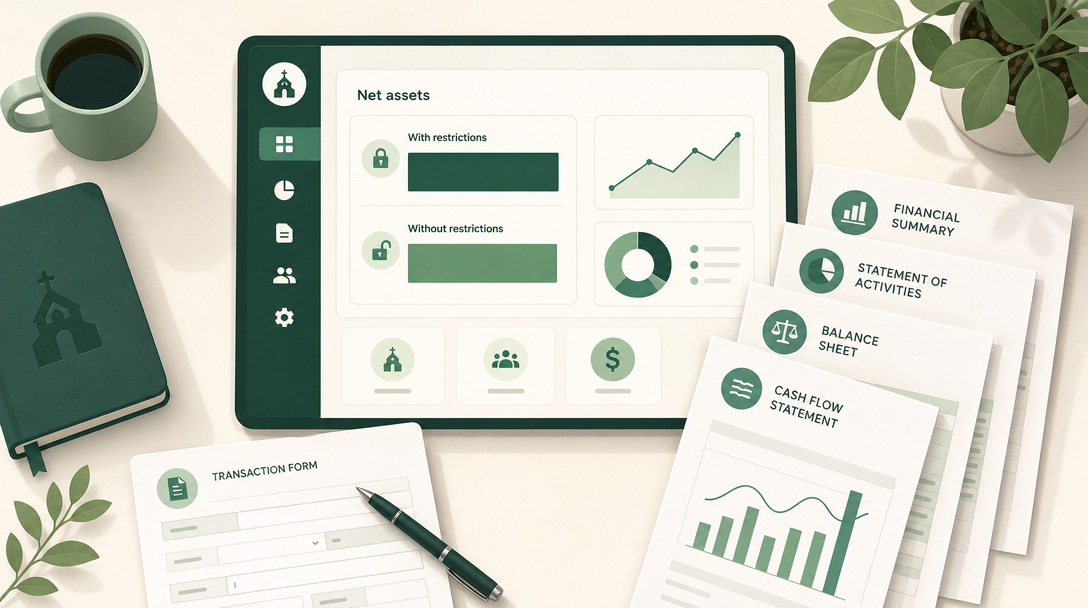A nonprofit's accounting picture on one dashboard — net assets split by donor restriction, the core financial statements, and an annual return.