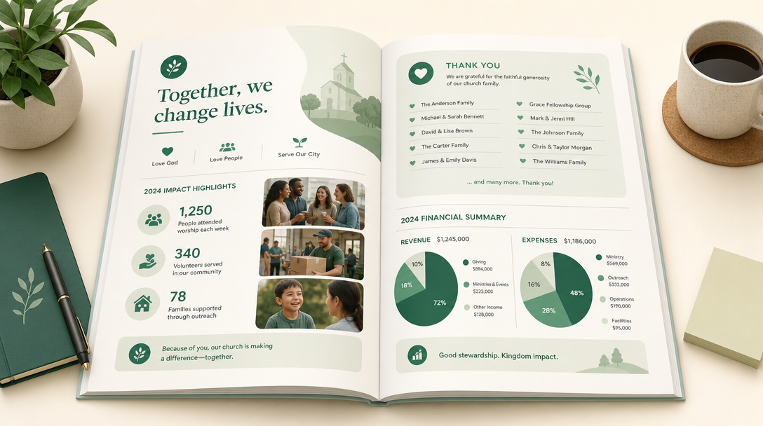 An open nonprofit annual report showing mission and impact, highlight numbers, donor thank-yous, and a simple financial summary.