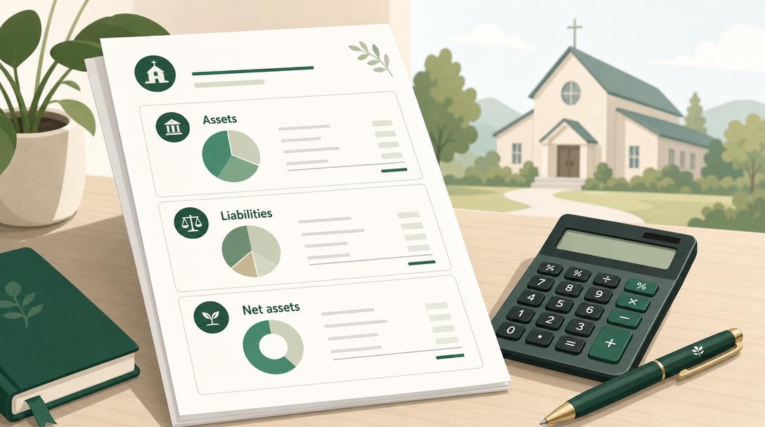 A nonprofit balance sheet on a desk showing assets, liabilities, and net assets split into with-donor-restrictions and without-donor-restrictions.