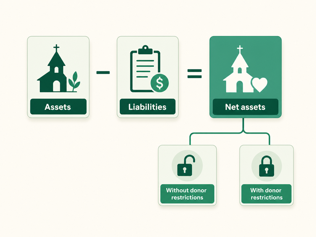 The nonprofit balance sheet equation: assets minus liabilities equals net assets, with net assets split into without donor restrictions and with donor restrictions.